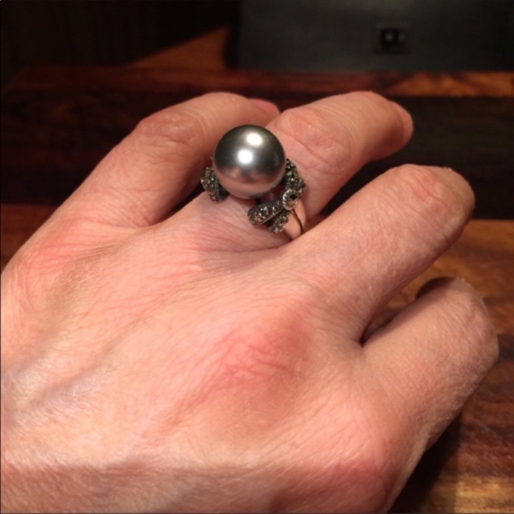 Glass Pearl with Marcasite in Sterling Silver Ring